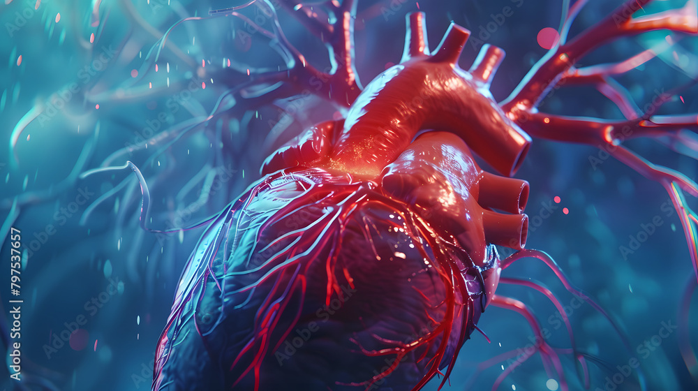 Poster a visual representation of the human heart and some vessel in an animated style. showing a closeup v