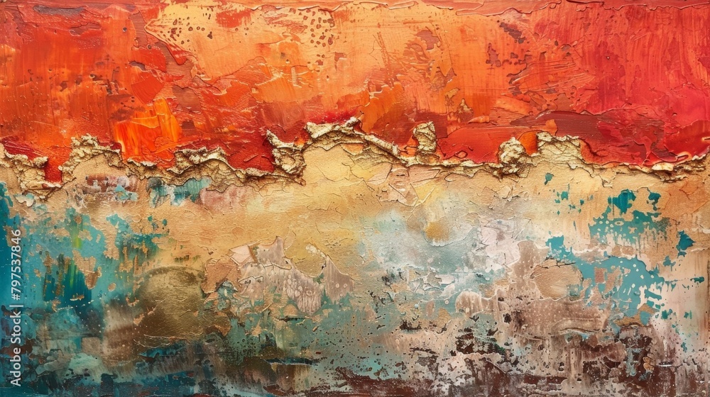 Aufkleber an abstract painting inspired by the fusion of clay and glass with layers of rich vibrant color and 