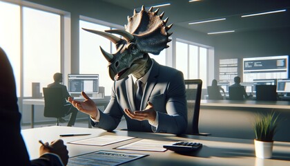 A dinosaur in a suit and tie is sitting at a desk in an office, talking to a human.