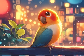 Naklejka premium Cute cartoon parrots with colorful city lights in the background