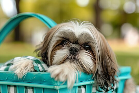 High-Resolution Shih Tzu Puppy in Turquoise Picnic Basket - Leisure and Relaxation
