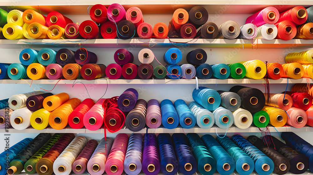 Poster a wall of shelves was filled with spools and rolls of colorful threads. each thread representing dif