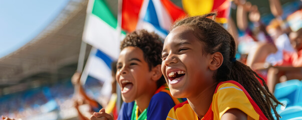 Group of happy children watching together a sports event in the stadium
