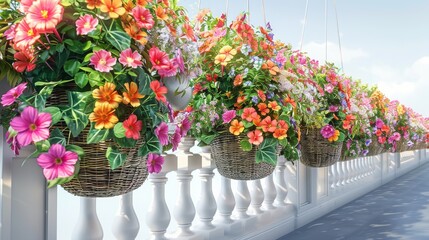 A row of colorful flower baskets hanging from a white railing