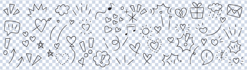 Hand-drawn doodle-style collection of hearts, arrows, scribbles, speech bubbles, and stars.  decoration symbol, Vector illustration.