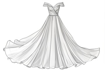 Off-Shoulder Wedding Dress Line Drawing: Fitted Bodice, Flowy Skirt with Soft Ruffles