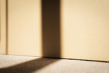 Blurry Window Shadow on Brown cardboard box on carpet floor,Background Box texture of recycle paper box with sunlight overlay on pattern for design art work