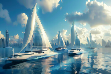 A futuristic portrayal of sailing boats outfitted with advanced solar technology for sustainable travel.