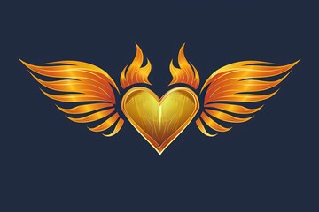 Obraz premium Passionate Energy: Golden Heart Logo with Fiery Wings for Motivational Fitness Brands