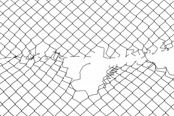 Torn metal wire mesh. Illustration of chain link fence with hole isolated on white background. Prison barrier, secured property. damage net fence isolated on white sky background. Mesh netting.