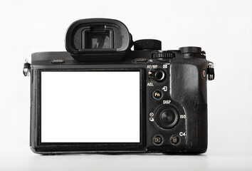  Full Frame mirrorless camera. photo Camera. side, rear view of body. empty mockup white monitor,...