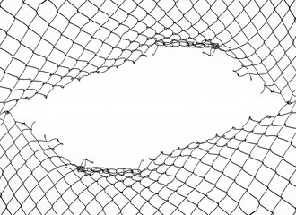 texture of metal mesh. Torn, destroyed, broken metal mesh. illustration. isolated on white background. hole in the mesh wire fence. chain link fence with hole. Prison barrier secured property. damage