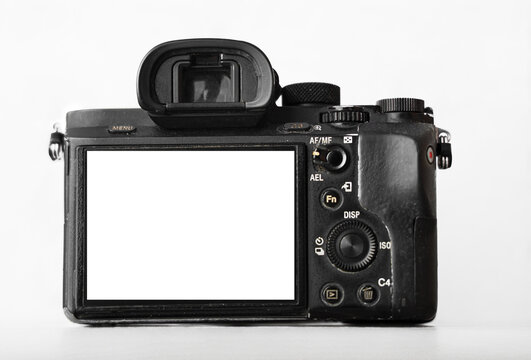  Full Frame mirrorless camera. photo Camera. side, rear view of body. empty mockup white monitor, blank screen. mock up. visor