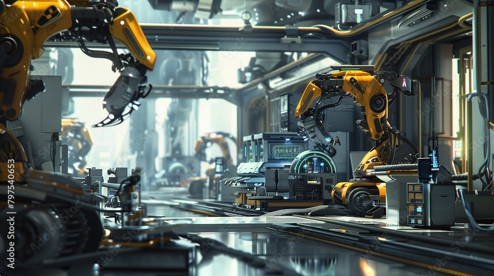 Poster a futuristic factory floor with automated assembly lines and robotic arms working in harmony.