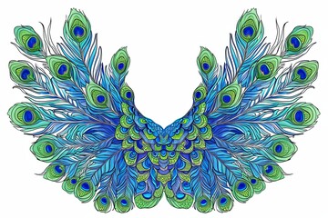 Opulent Peacock Wings: Luxurious Blue and Green Line Art - obrazy, fototapety, plakaty