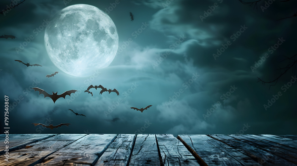 Poster a wooden table with an empty background in front of the moon and bats flying around. creating a spoo