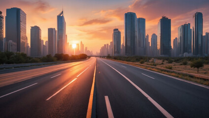 Cityscape with empty road against the sunset backdrop.