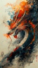 Abstract painting, a dragon's body with smoke swirling around its head and tail