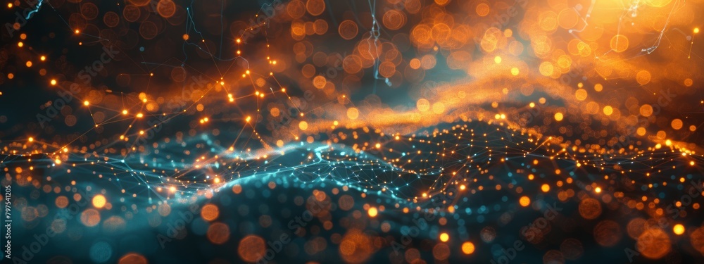 Poster a network map visualization with interconnected lines, glowing nodes, and data packets flowing acros