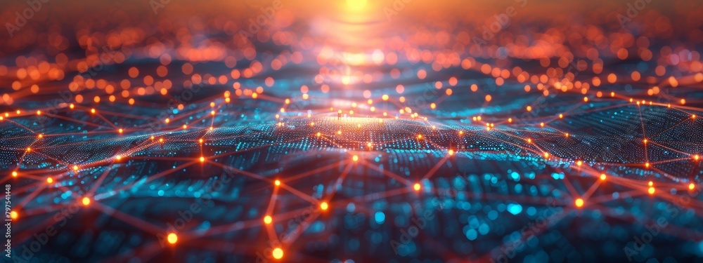 Poster a network map visualization with interconnected lines, glowing nodes, and data packets flowing acros