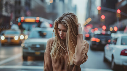 A young and beautiful American woman. standing alone on a busy street