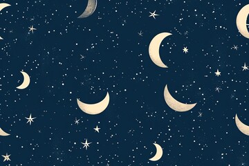 Obraz na płótnie Canvas Navy Blue Celestial Sky Pattern: Stars, Moons, Abstract Design