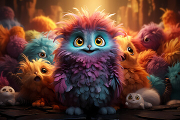 Fototapeta premium A Peculiar Group of Colorful Owls: A Vibrant and Whimsical Gathering 