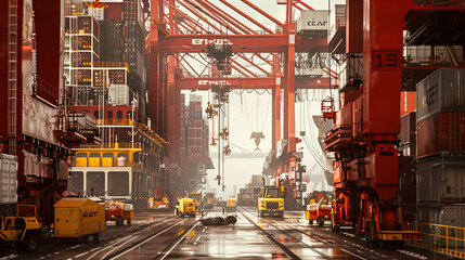 a bustling port terminal with container ships being loaded and unloaded by automated cranes and logistics robots.