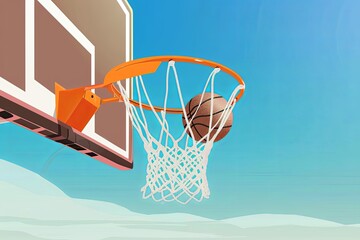 Simplistic Basketball Hoop Vector Illustration in Bold Colors Against Blue Sky Background