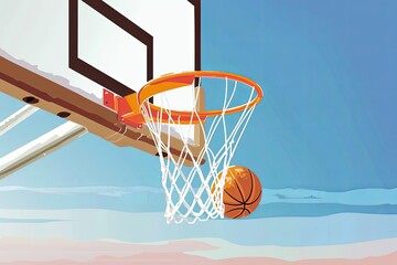 Naklejka premium Vector Basketball Hoop Illustration: Bold Orange Hoop, White Net, Brown Backboard, Blue Sky Background
