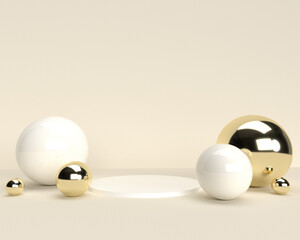 3D beige background with product podiums and gold balls.