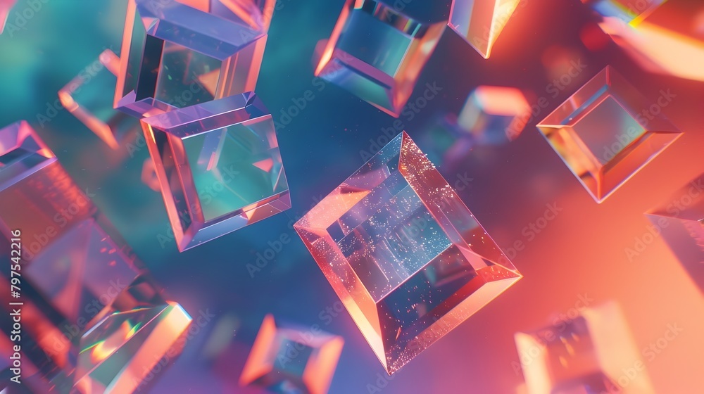 Poster ethereal floating holo cubes and pyramids casting soft colorful shadows