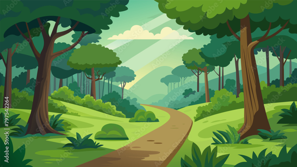 Poster a path winding through a lush green forest leading the way to inner peace..