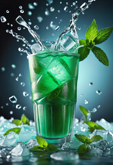 mint drink with cube ice and water splash motion for advertising