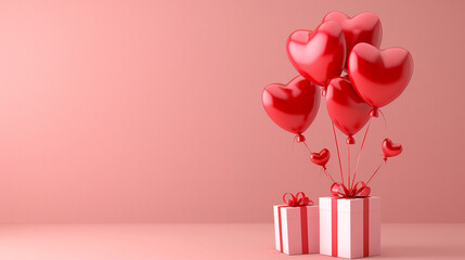 Fototapeta na wymiar There are six heart-shaped balloons in the image. They are all the same shade of pink and have shiny surfaces. The background of the image is a flat pink color. The balloons are clustered together on 
