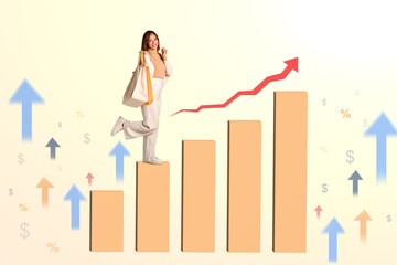 Cheerful young entrepreneur on graph with red growing up arrow. Finance, growth and success concept - 797542652