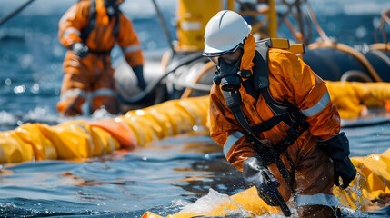 Environmental Cleanup Crew Responds to Large Oil Spill on the Sea with Protective Gear and