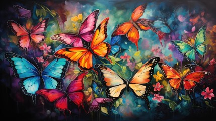A picture vibrant and colorful watercolor artwork showcasing a variety of exotic butterflies in a lush tropical garden, AI Generative