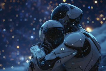 A robot and a robot embraced in a tender hug, set against a starry night sky, hyper realistic, low noise, low texture