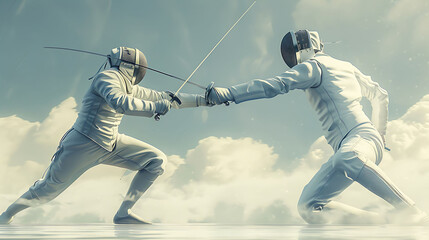 A fencer lunging forward, blade extended as they engage in a duel of skill and strategy - obrazy, fototapety, plakaty