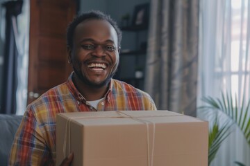 Happy African man receives and unpacks great purchase at home. - obrazy, fototapety, plakaty