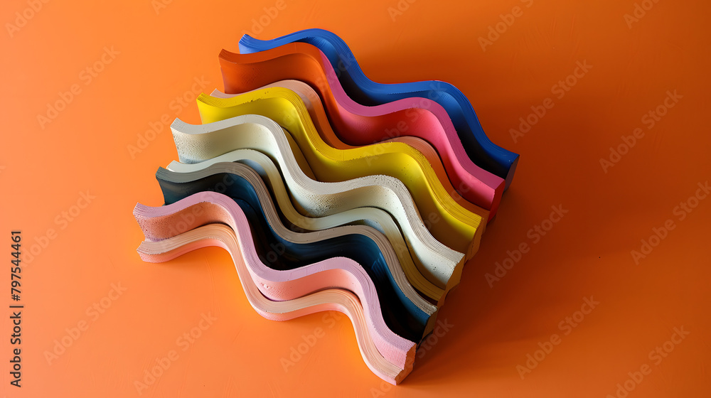 Poster a zigzag shape composed with a spectrum of clay colors. resting on an orange ground