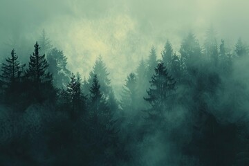 Misty evergreen forest with silhouetted trees under a grey cloudy sky - Powered by Adobe