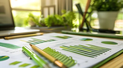 Sustainability Report Highlights on Conference Table with Eco Stationery