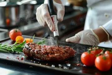 using a thermometer to check the temperature of cooked meat
