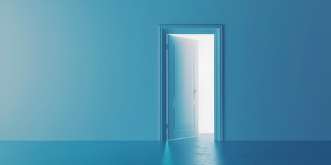 Blue open door with light Interior room entrance symbol of new career opportune in blue background