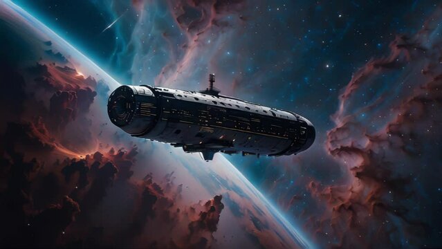 Futuristic spaceship navigating through an interstellar cloud. Generative AI Video.
