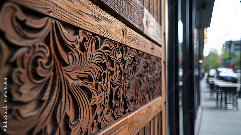 Poster a zoomed-in view of the laser-engraved wooden planks on a restaurants exterior. demonstrating comple