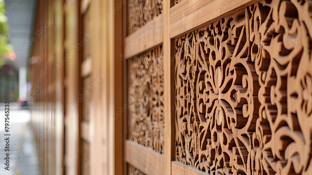 Poster a zoomed-in view of the laser-engraved wooden planks on a restaurants exterior. demonstrating comple