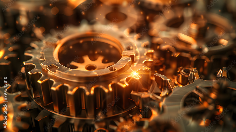 Poster abstract background with a bronze gear mechanism symbolizing mechanical engineering and a mechanical